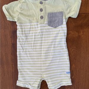Ruggedbutts Striped green & White Baby Romper with Gray Pocket